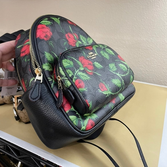 Coach Mini Court Backpac  In Signature Pebbled Leather With Fairytale Rose Print - Picture 7 of 8